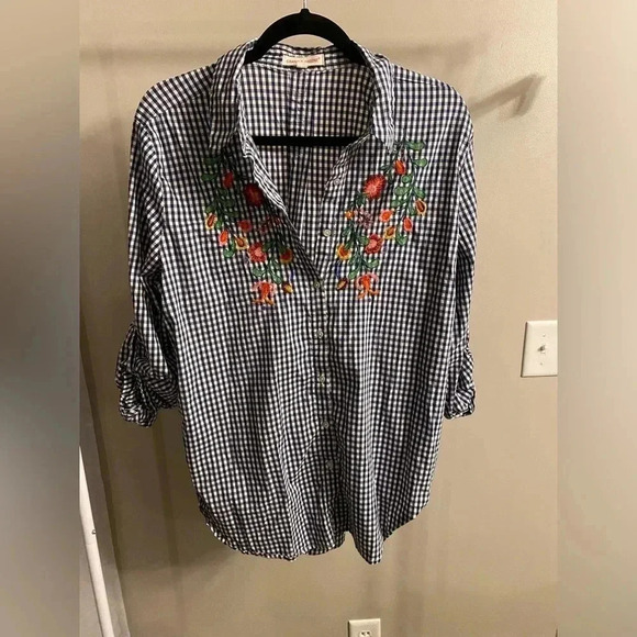 grand & greene Tops - Grand & Greene checkered and embroidered blouse